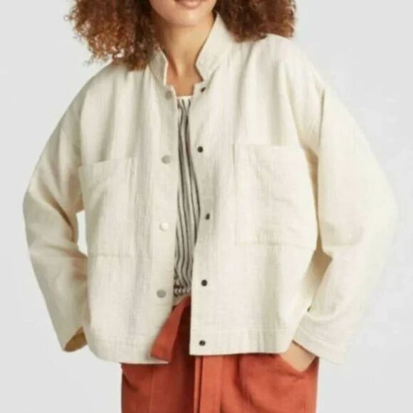 Eileen Fisher Ivory Mandarin Collar Snap-Front Channel Jacket Organic Cotton XL - Picture 1 of 10